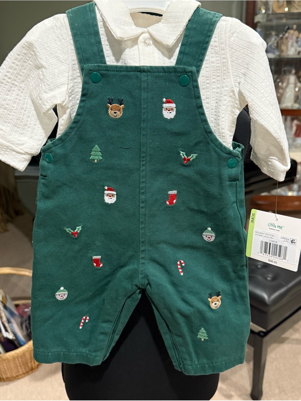Little Me Green Corduroy Holiday Embroidered Overalls